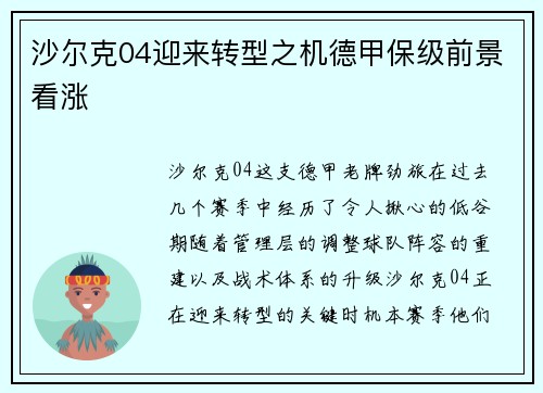 沙尔克04迎来转型之机德甲保级前景看涨